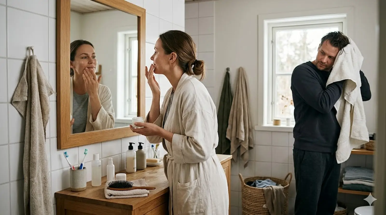 couple everyday wellbeing routine scandinavian bathroom