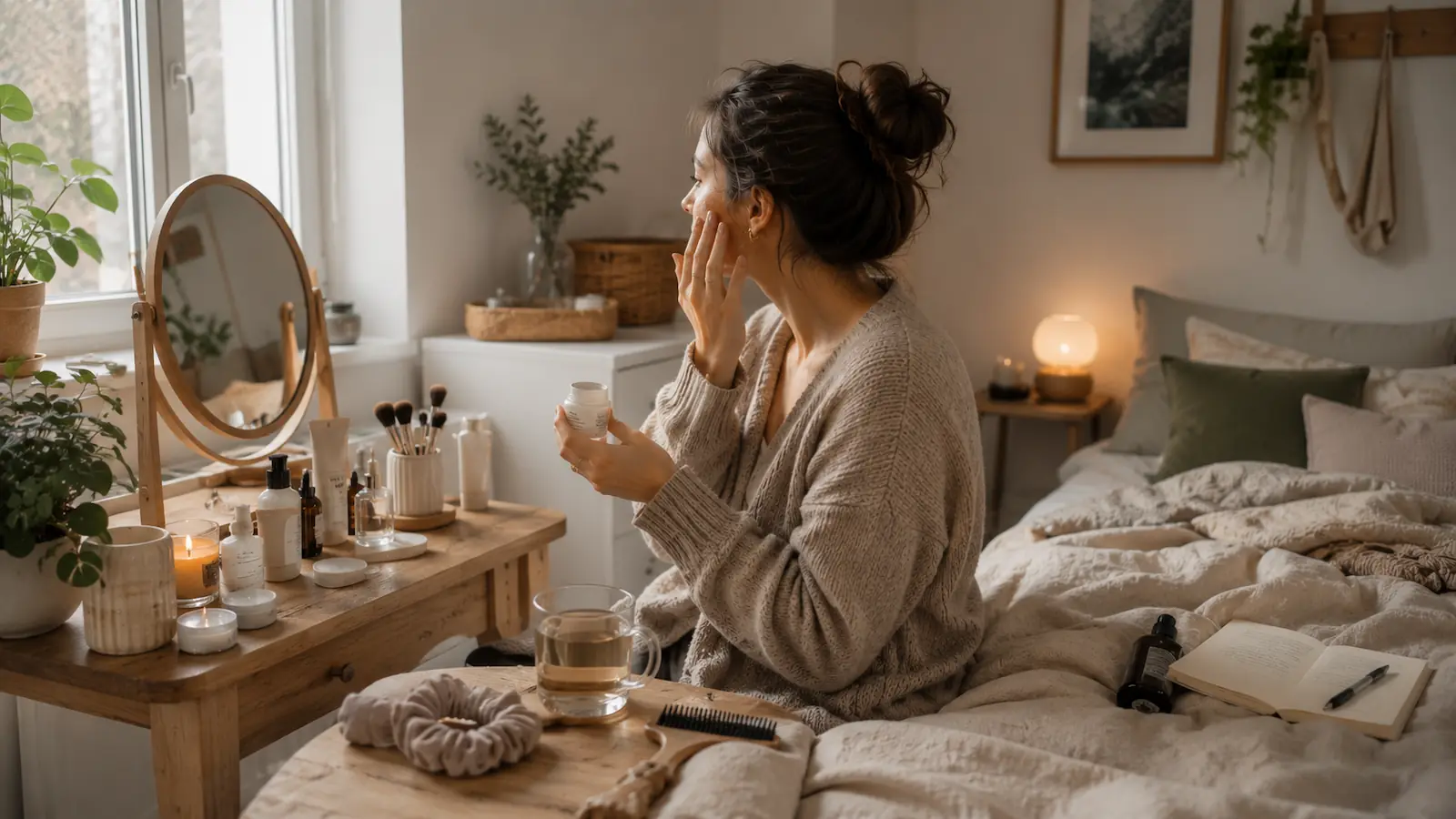 skincare beauty routine in scandinavian bedroom