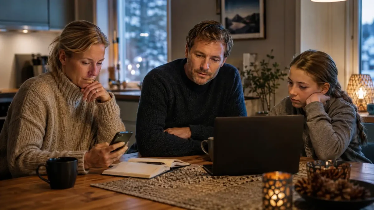 familie-sammenligner-stromavtale Familie sitter ved kjøkkenbordet og sammenligner strømavtaler på laptop.