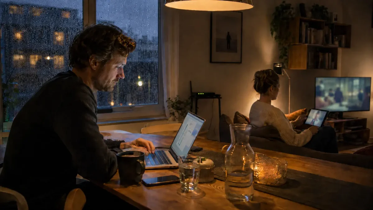 Two people using the internet at home in a small city apartment on a rainy evening — one working on a laptop, the other watching a tablet.