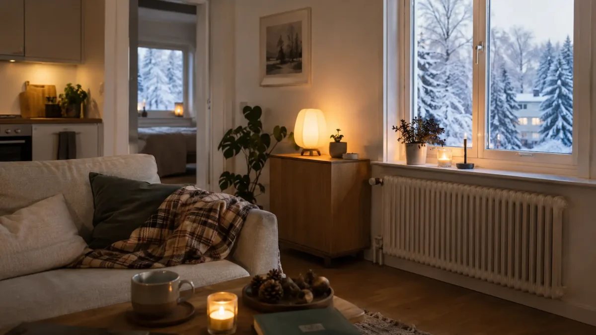 hvilken-stromavtale-passer-for-deg Liten leilighet med tent lampe, pledd, radiator og snø utenfor vinduet.