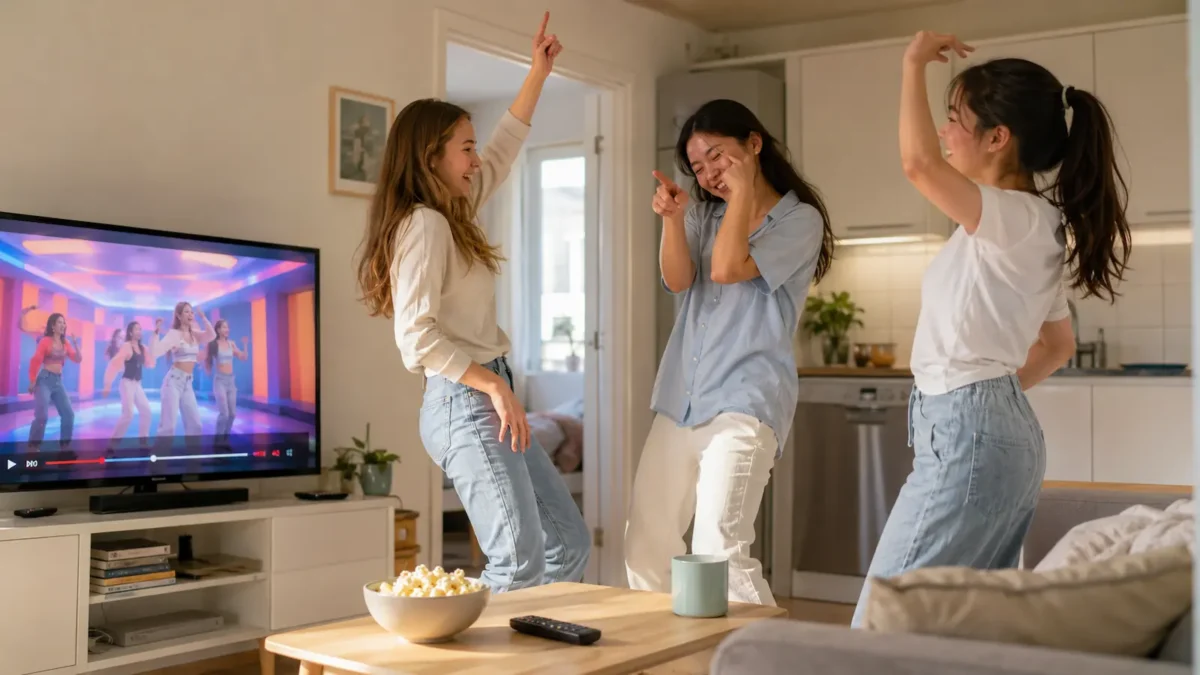 Three girls dancing and laughing together to a music video on TV in a bright living room.