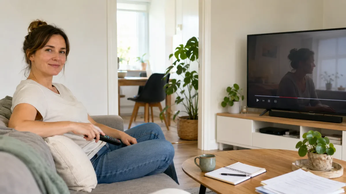 A woman sitting on a sofa with a remote control while a TV is on in a bright and calm living room.