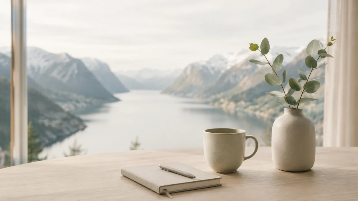 Cup, notebook and vase on a table with a fjord and mountain view