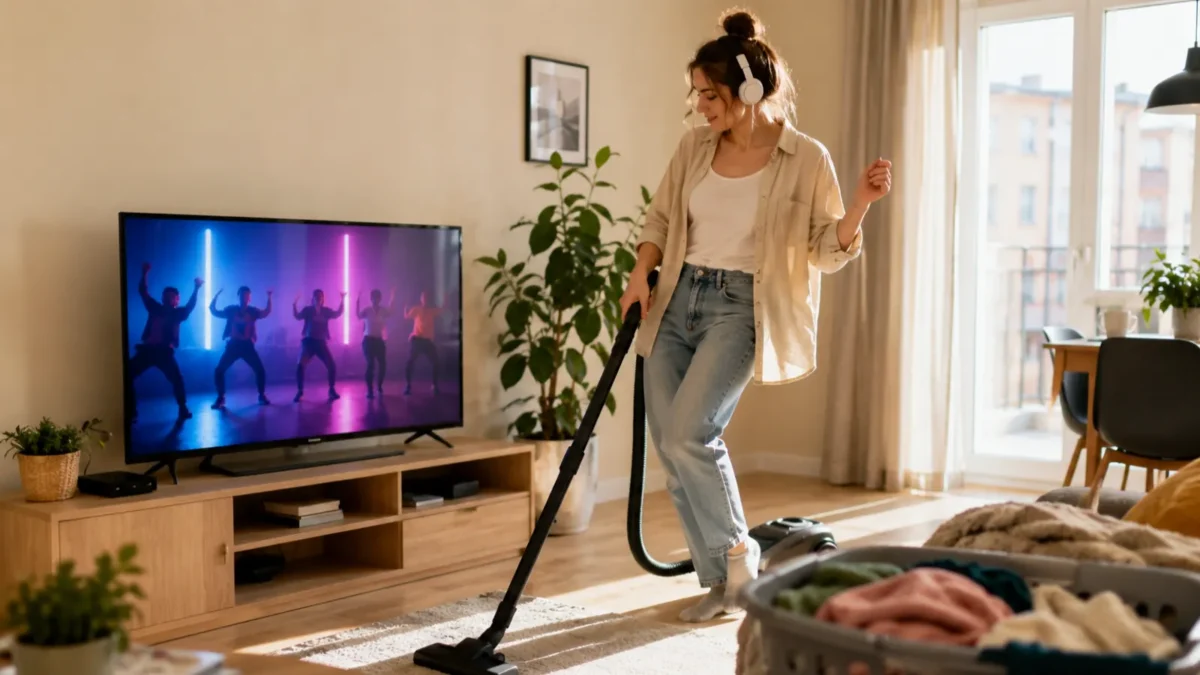 A person vacuuming and lightly dancing to a music video on TV in a bright Norwegian living room.
