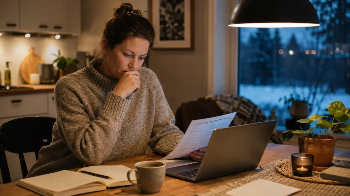 stromavtale-i-norge-vinterkveld Kvinne sitter ved kjøkkenbordet en vinterkveld og ser på strømregning og laptop.