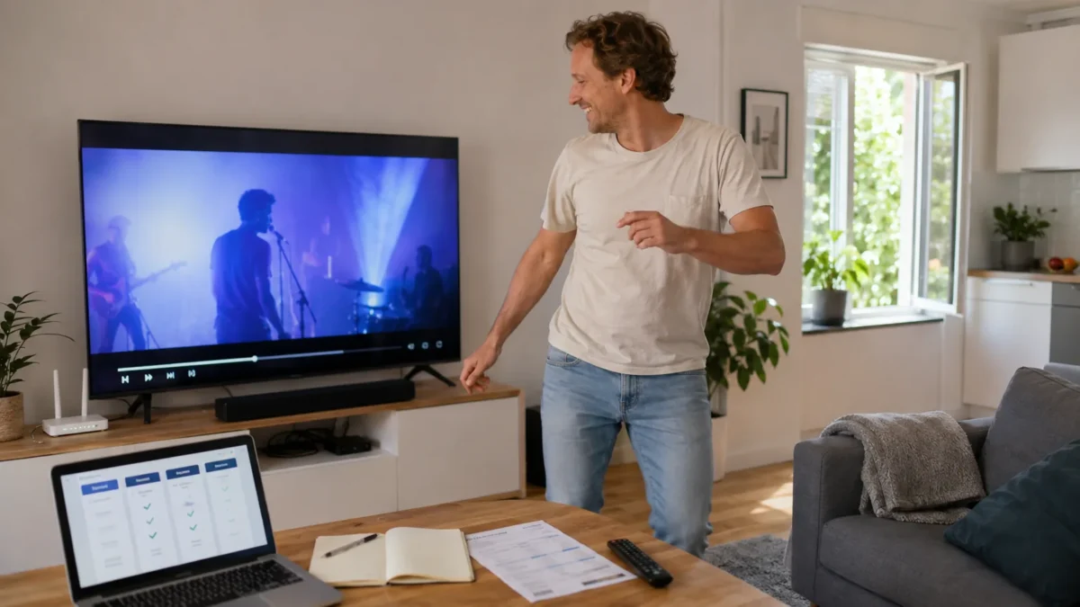 A person watching video at home in a bright living room with a laptop and remote control nearby.