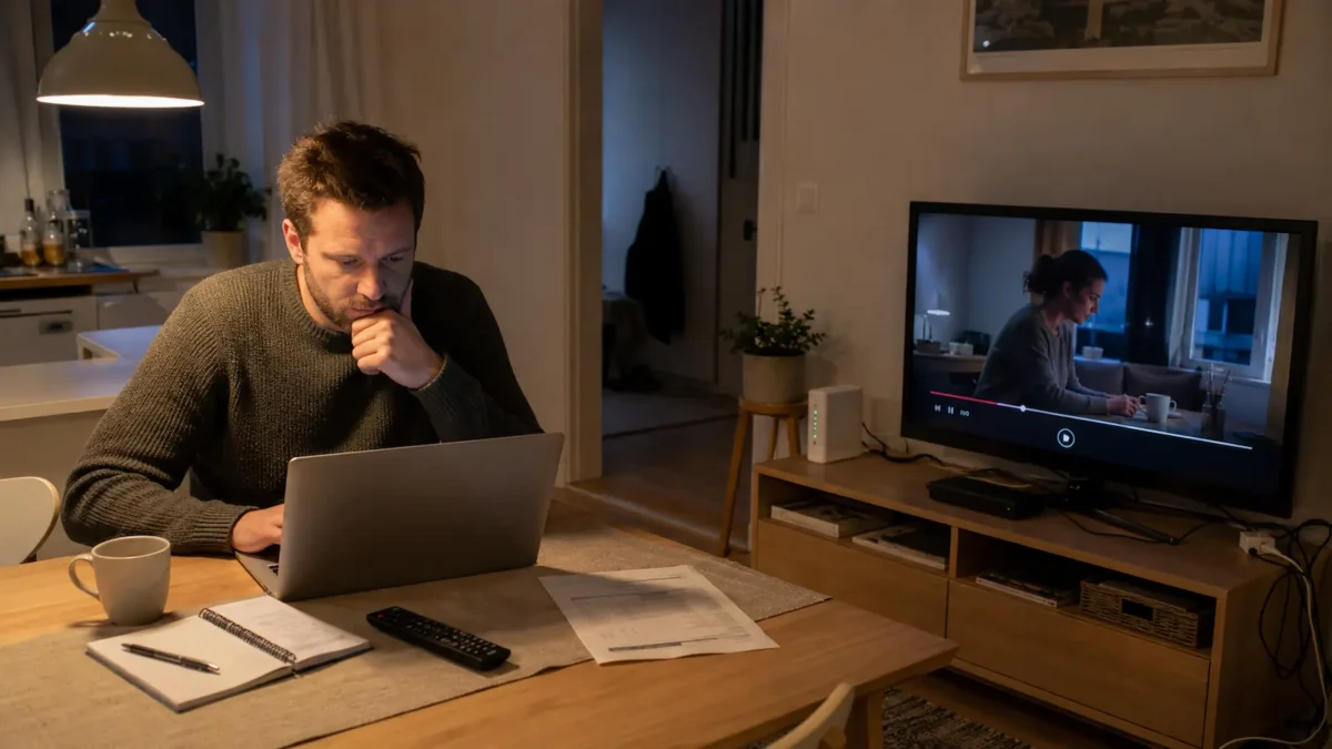 A person comparing TV package, streaming and internet options on a laptop at home in an ordinary Norwegian apartment.