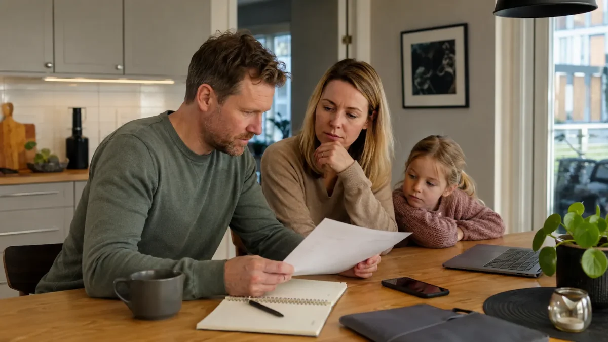 A couple sitting at the kitchen table looking at a bill or contract together in a calm everyday situation.