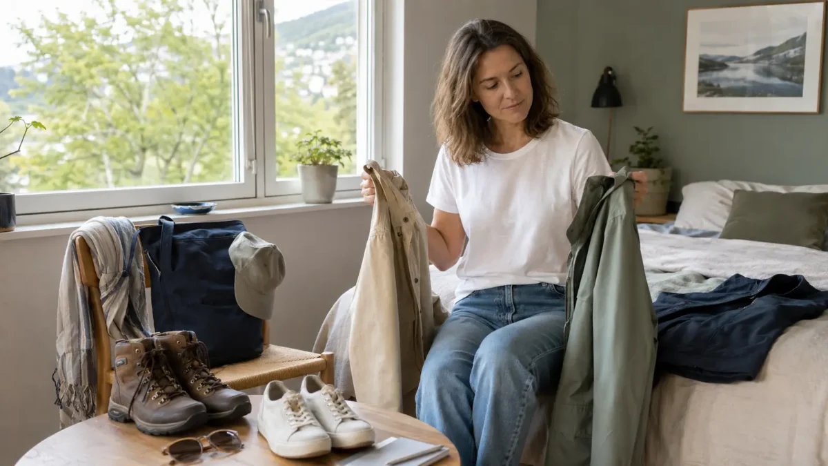 A person compares practical jackets, shoes and accessories in a bright Scandinavian bedroom before choosing what to buy.