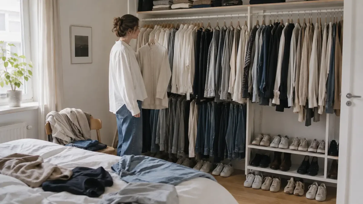 Overfilled wardrobe with many similar clothes hanging closely together, illustrating the feeling of having many options but nothing to wear.