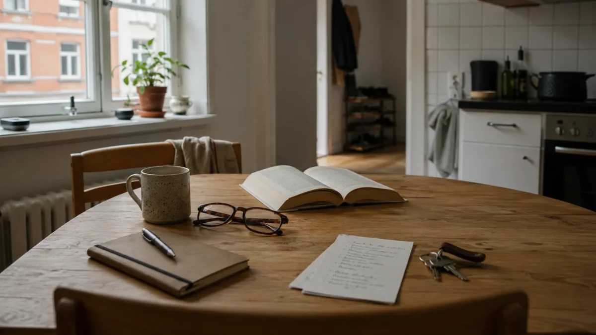 Modest Scandinavian kitchen table with a coffee mug, reading glasses, notebook, grocery list, keys and a half-read book in morning light.