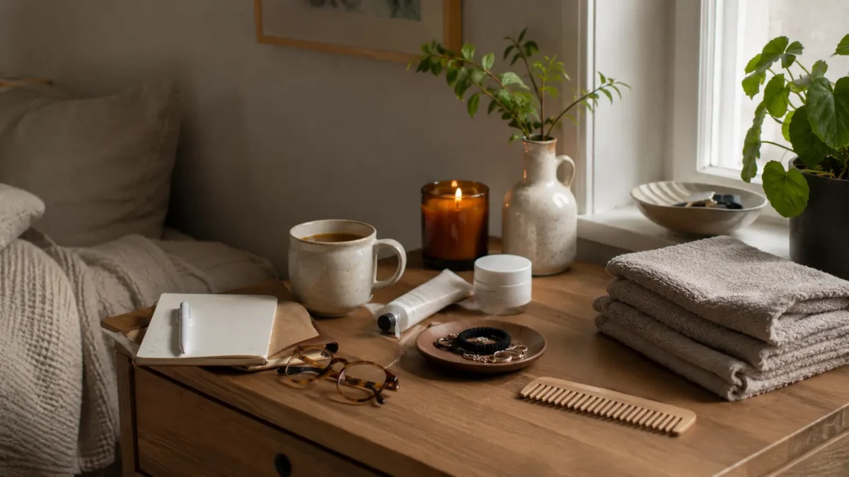 Everyday wellbeing items arranged on a bedside table in a Scandinavian home, including tea, a notebook, glasses, a towel and simple self-care essentials.