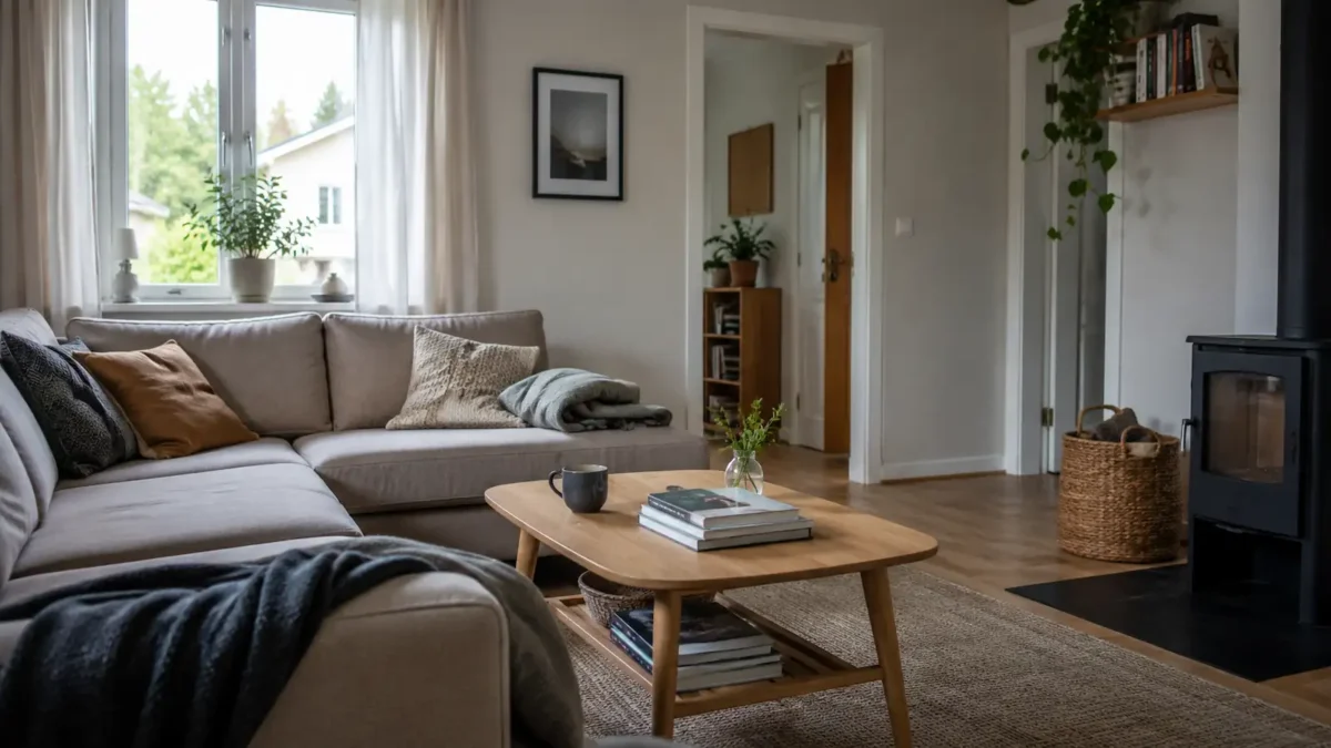 Bright ordinary Norwegian living room with a sofa, folded blanket, coffee mug, books, plant and natural daylight.