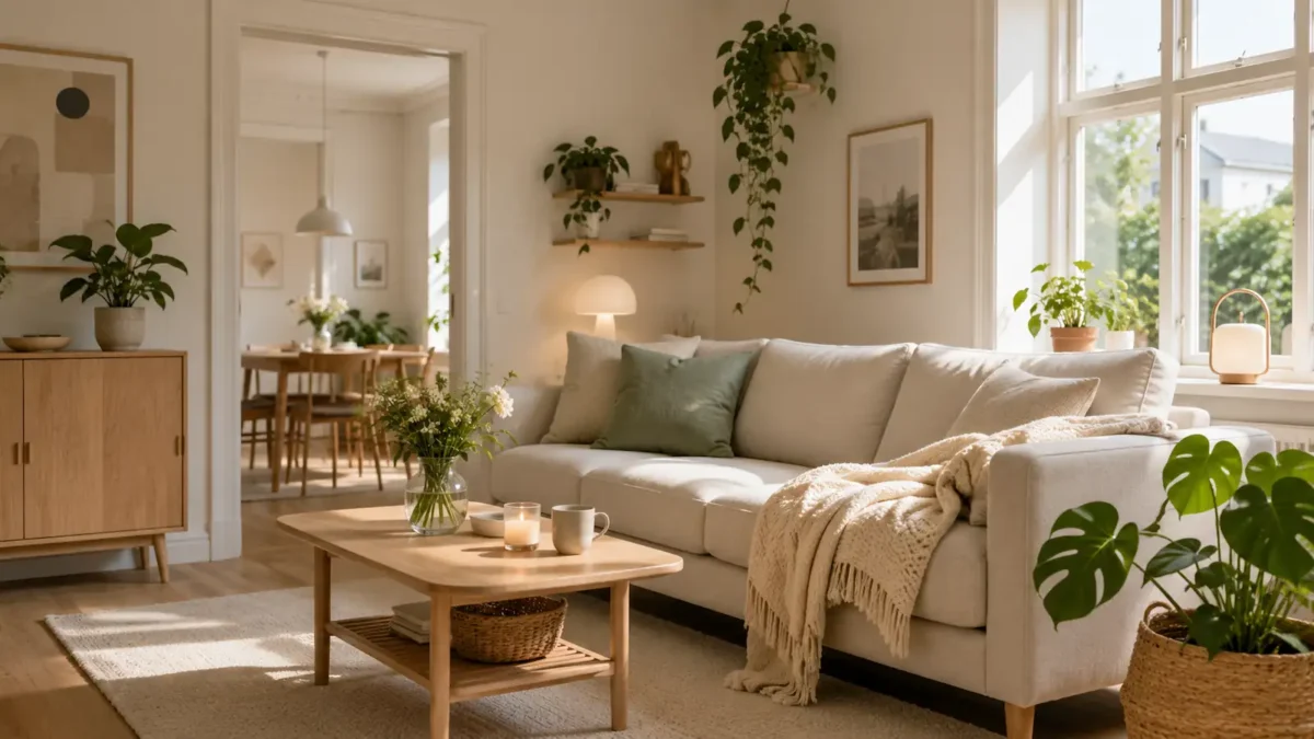 Lys skandinavisk stue med sofa, planter, træmøbler og blødt dagslys.