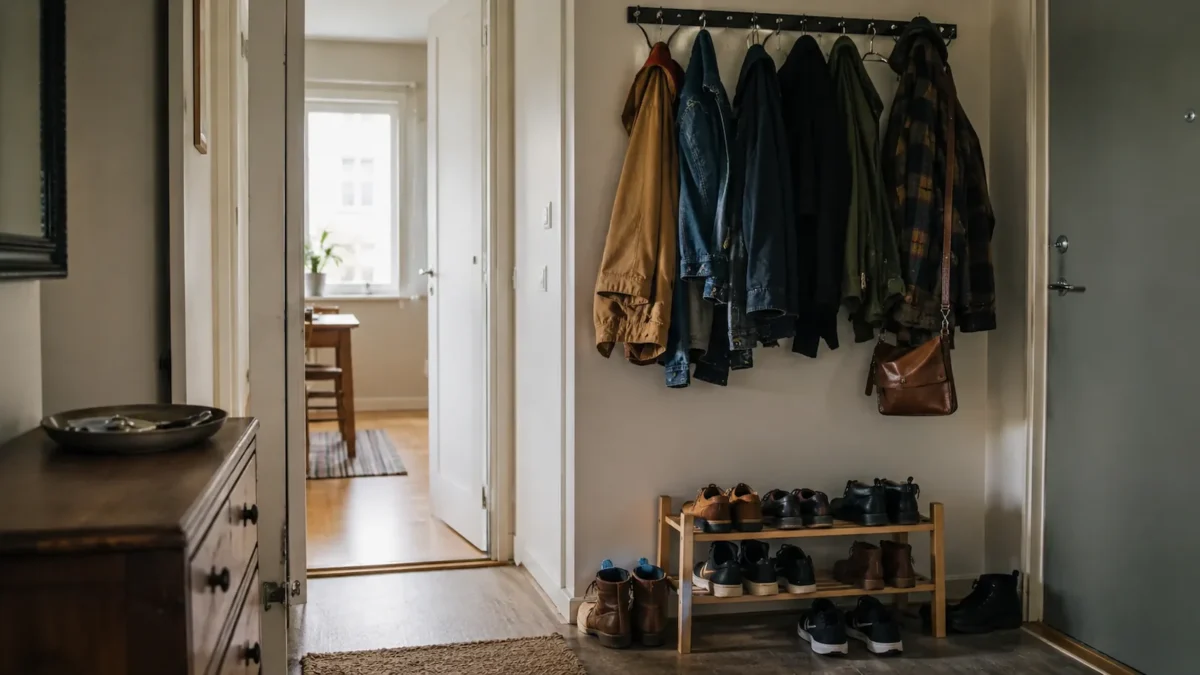 Modest Norwegian entryway with jackets hanging neatly, shoes stored naturally and keys placed in a simple tray.