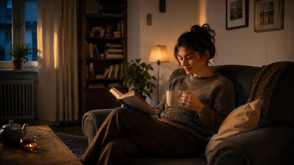 Adult reading a book with a cup of tea in a modest Scandinavian apartment during a quiet evening.