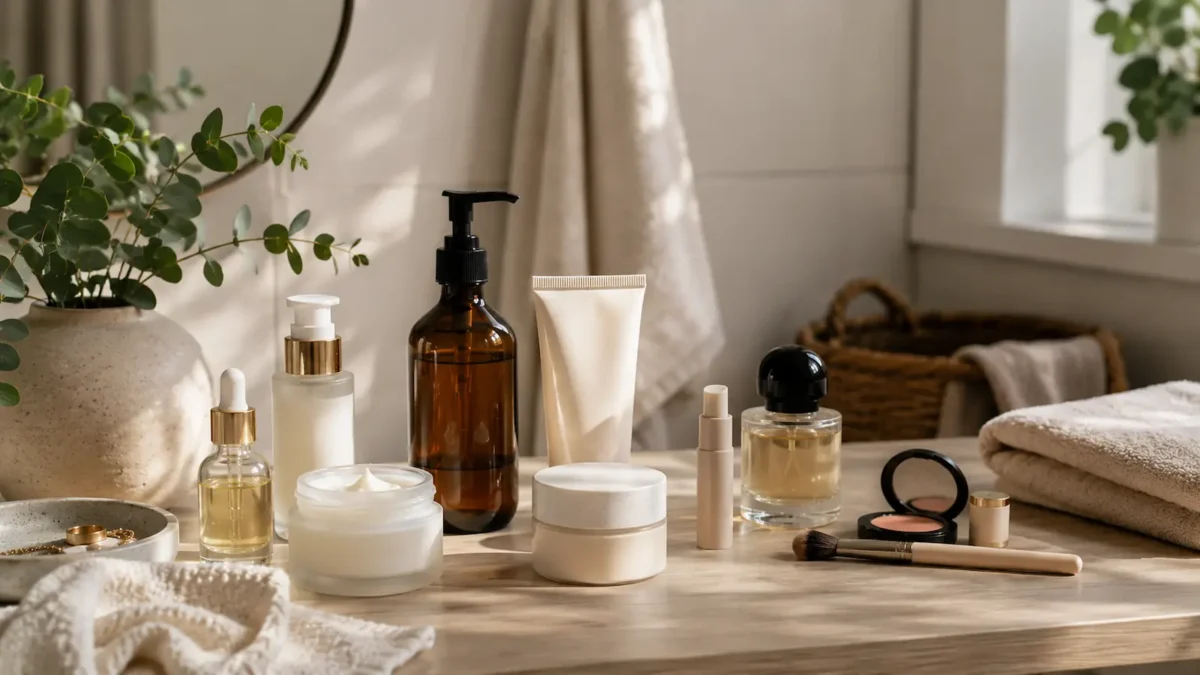 Everyday skincare, body care and wellbeing items arranged in a calm Scandinavian bathroom with natural light.
