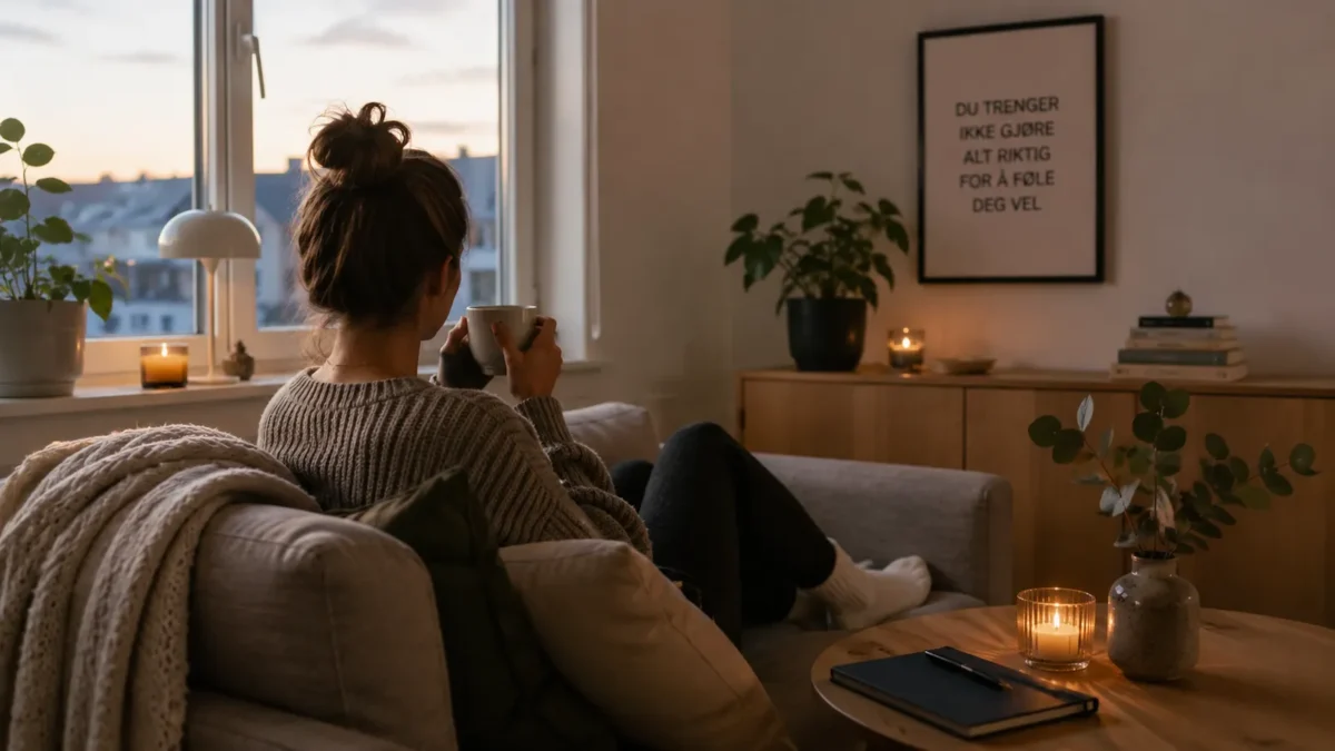 Calm Scandinavian home interior with soft lighting and everyday details creating a relaxed wellbeing atmosphere