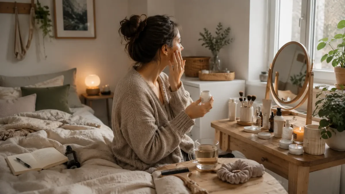 Woman applying skincare at a wooden vanity in a cozy Scandinavian bedroom with tea, makeup brushes, hair care items and simple beauty products nearby.