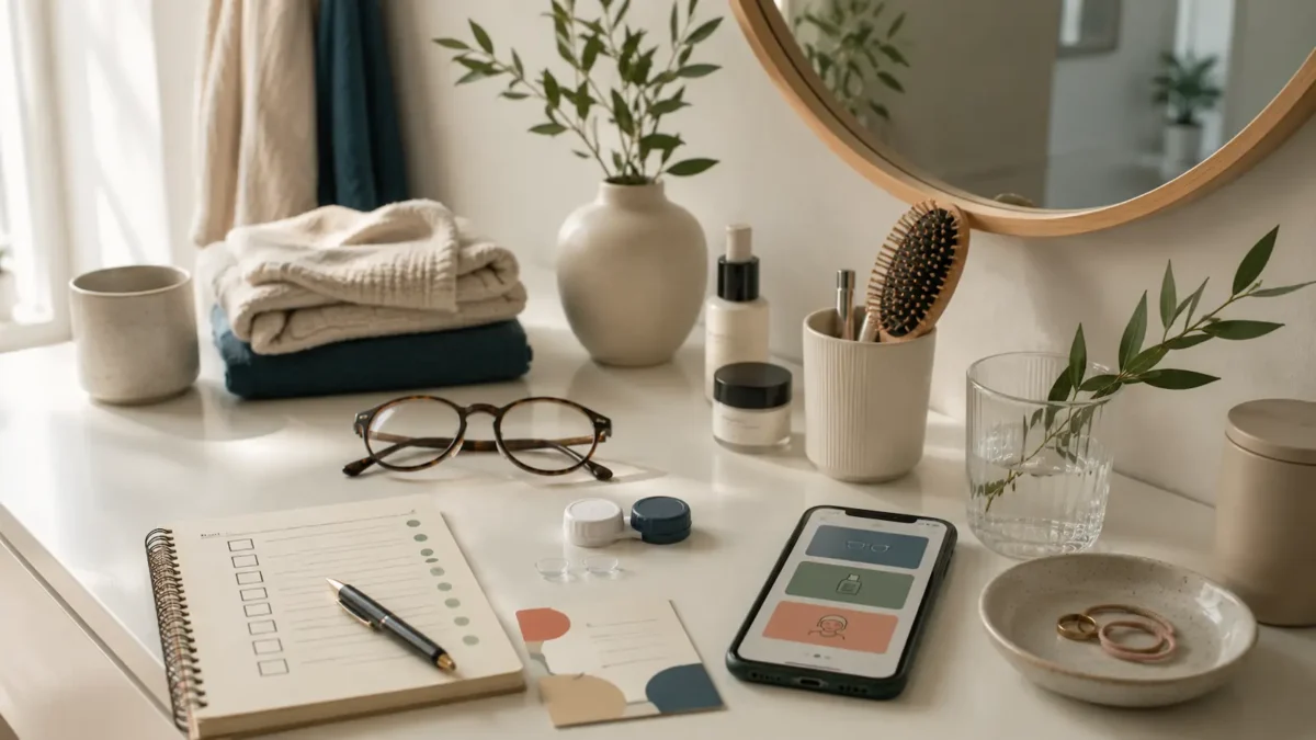 Glasses, contact lens case, skincare items, notebook and phone with abstract service cards on a Scandinavian dressing table.